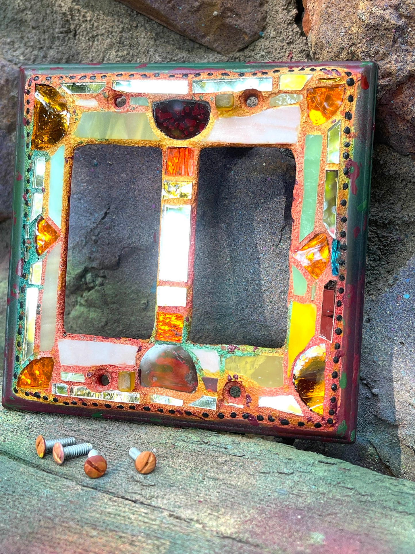 Double rocker glass and mirror mosaic light switch cover. Fall colors. Shipping included.