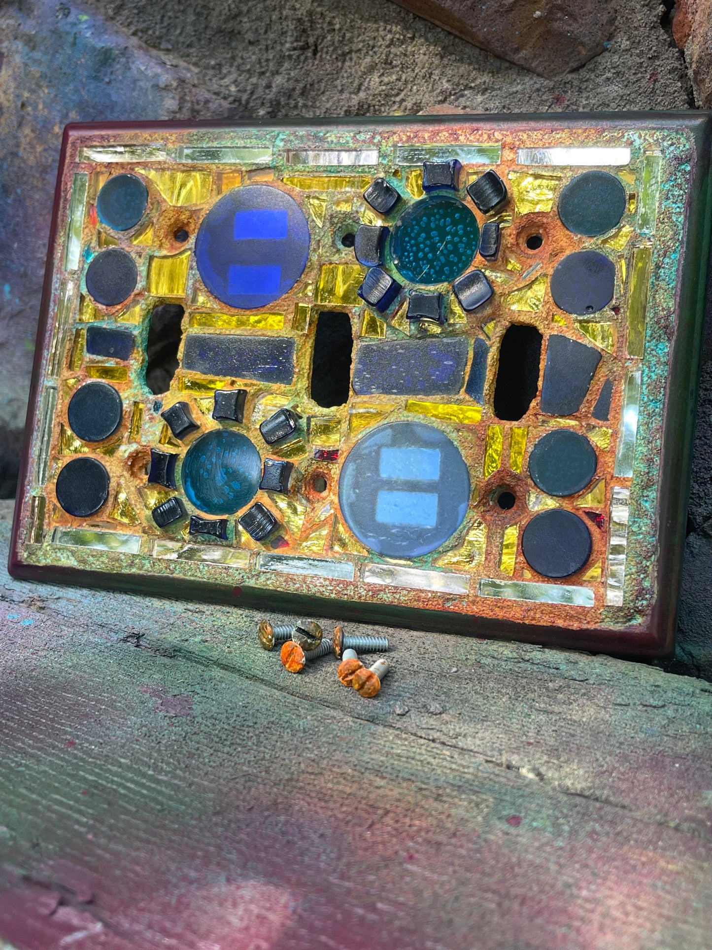 Gold mirror blue glass triple toggle mosaic light switch cover