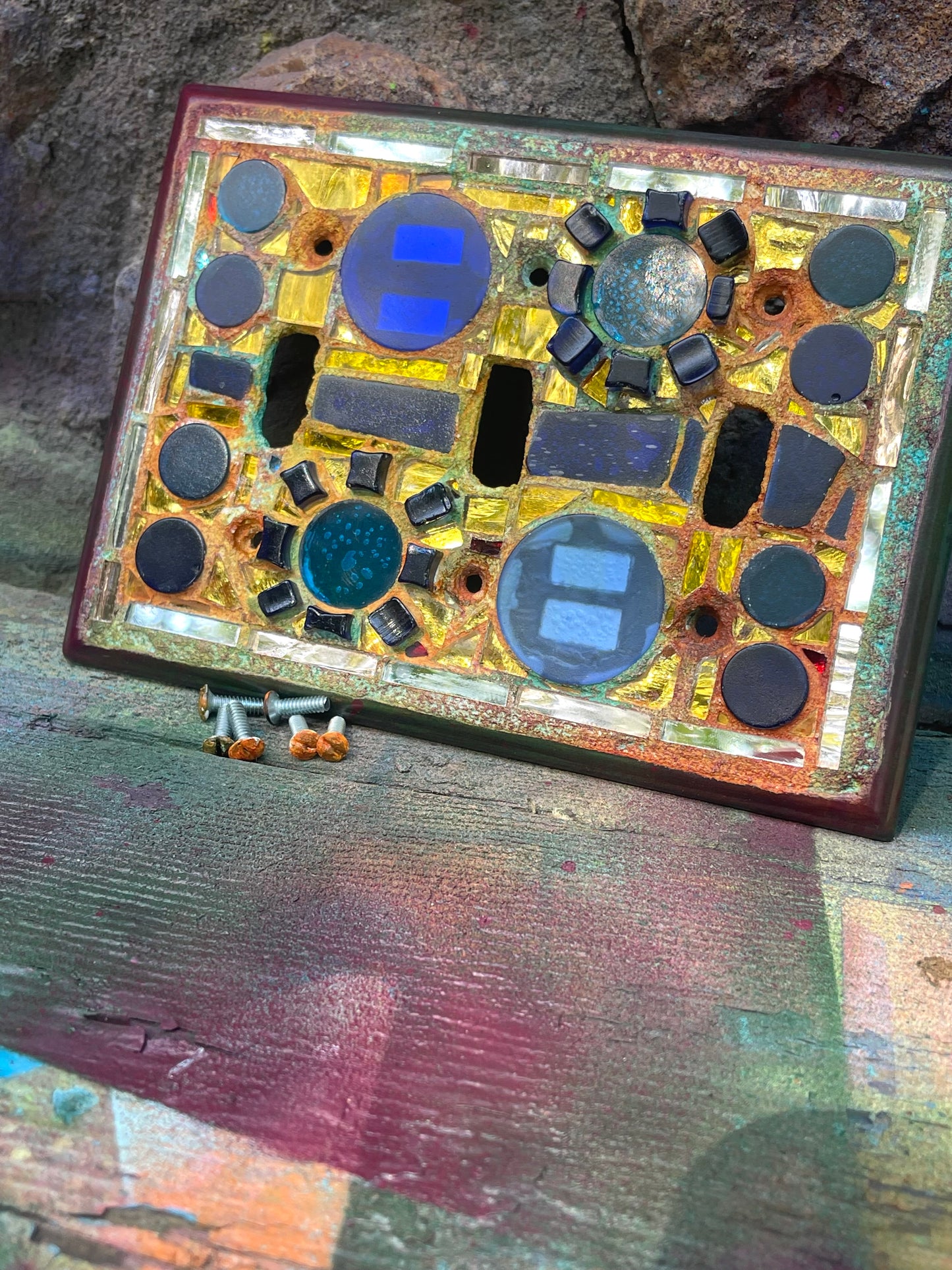 Gold mirror blue glass triple toggle mosaic light switch cover