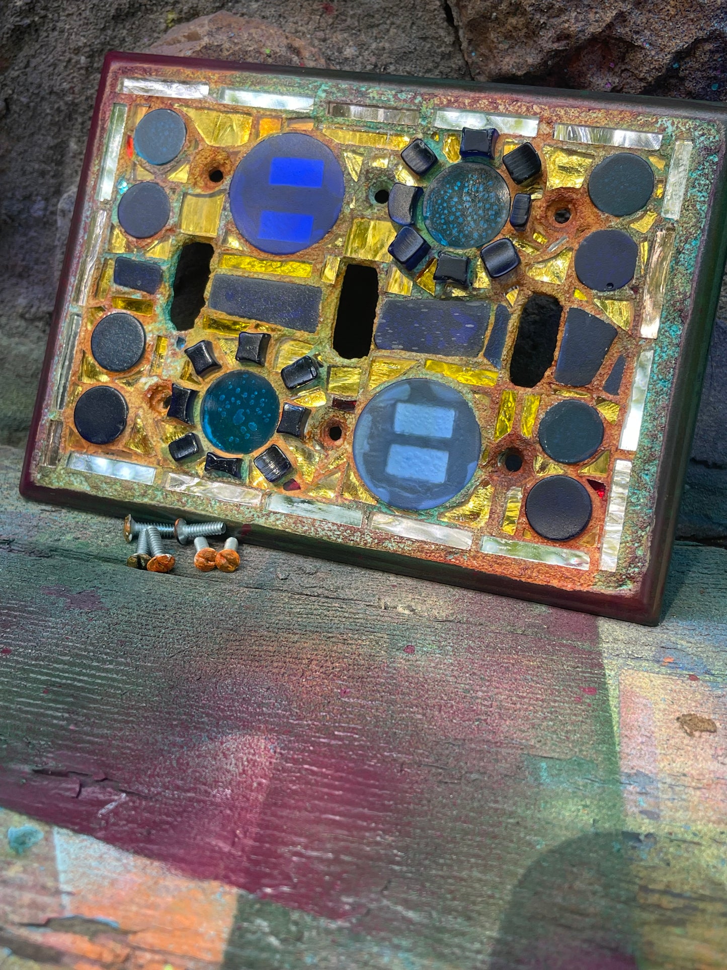 Gold mirror blue glass triple toggle mosaic light switch cover