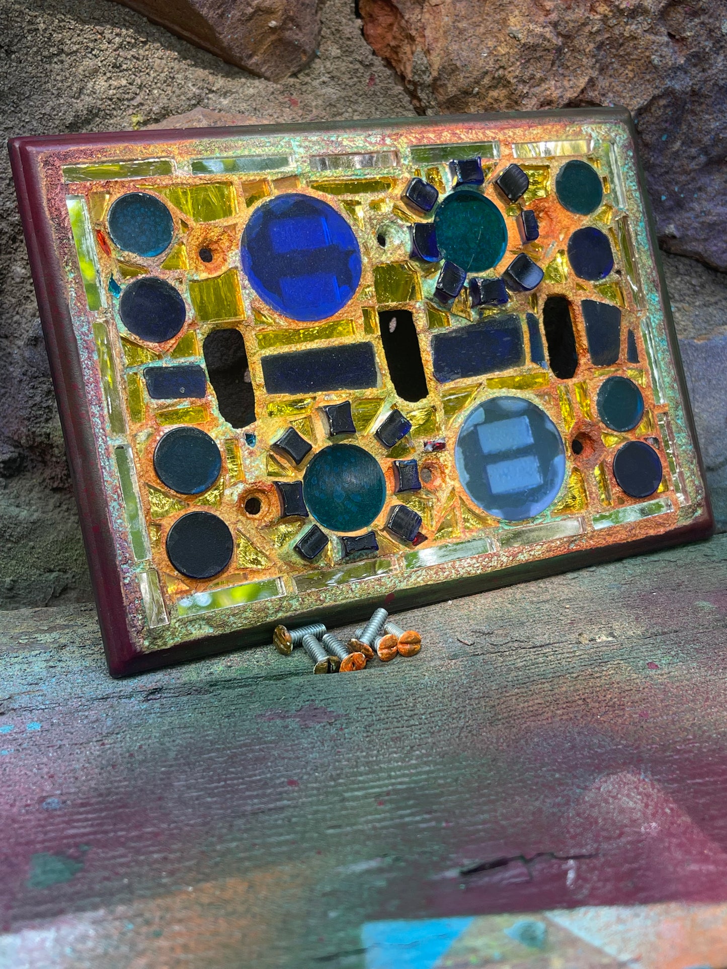 Gold mirror blue glass triple toggle mosaic light switch cover