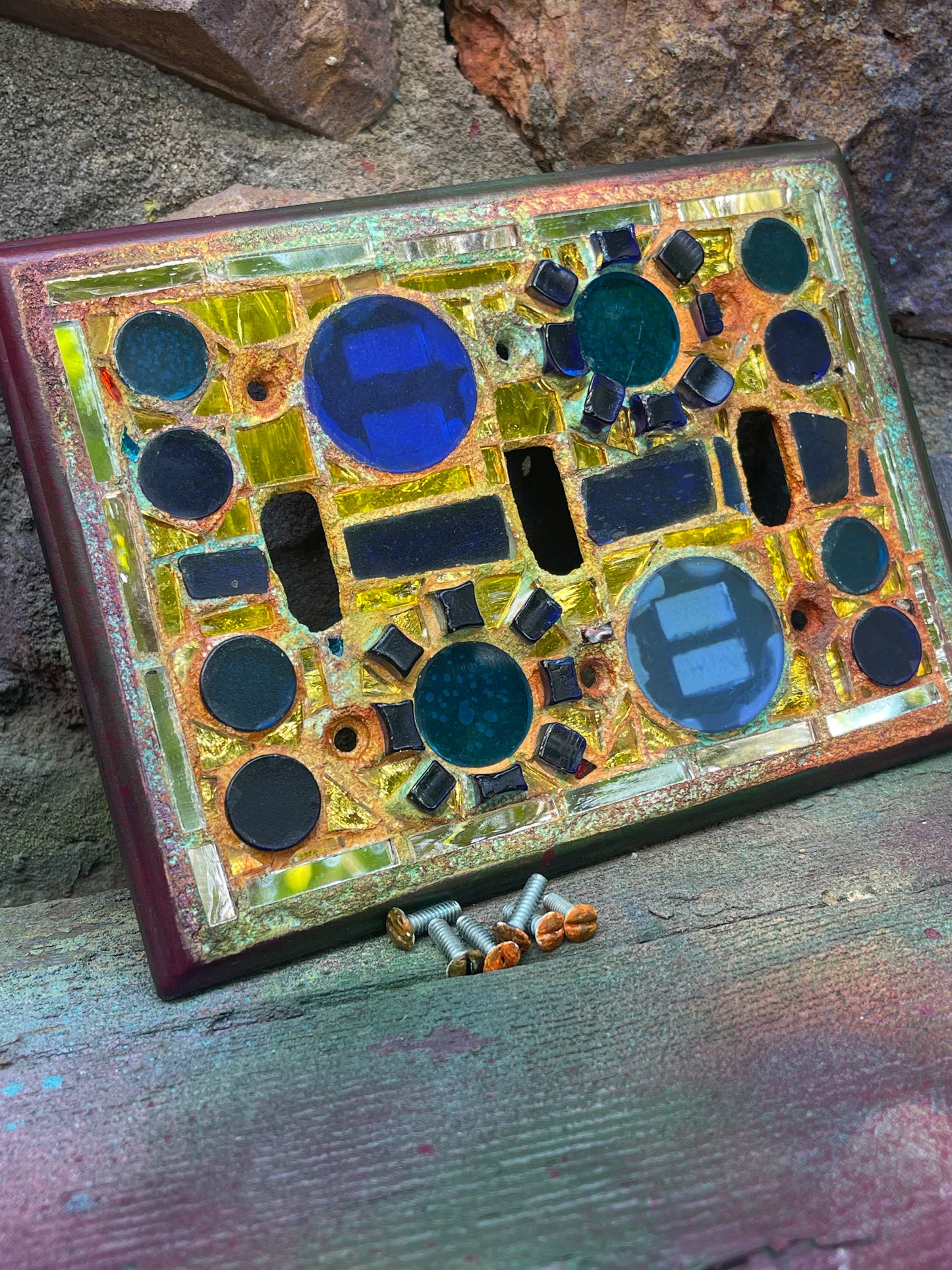 Gold mirror blue glass triple toggle mosaic light switch cover