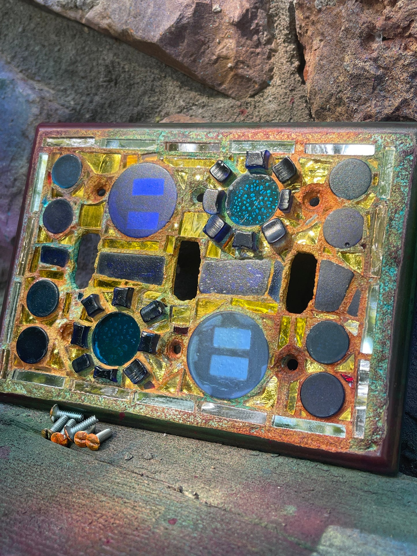 Gold mirror blue glass triple toggle mosaic light switch cover