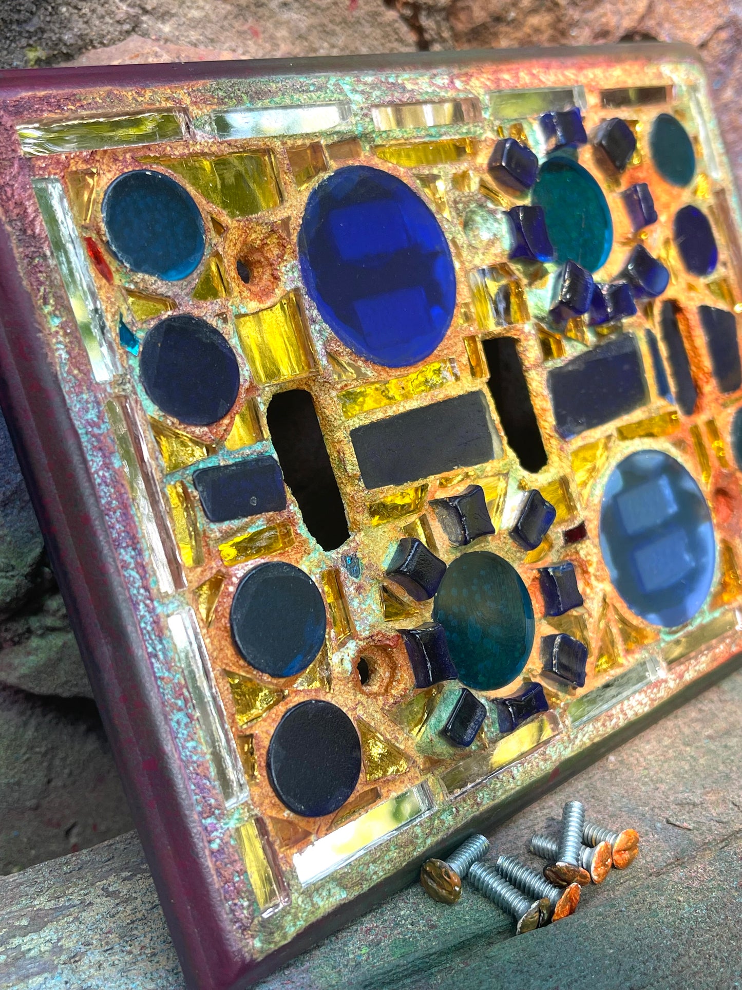 Gold mirror blue glass triple toggle mosaic light switch cover