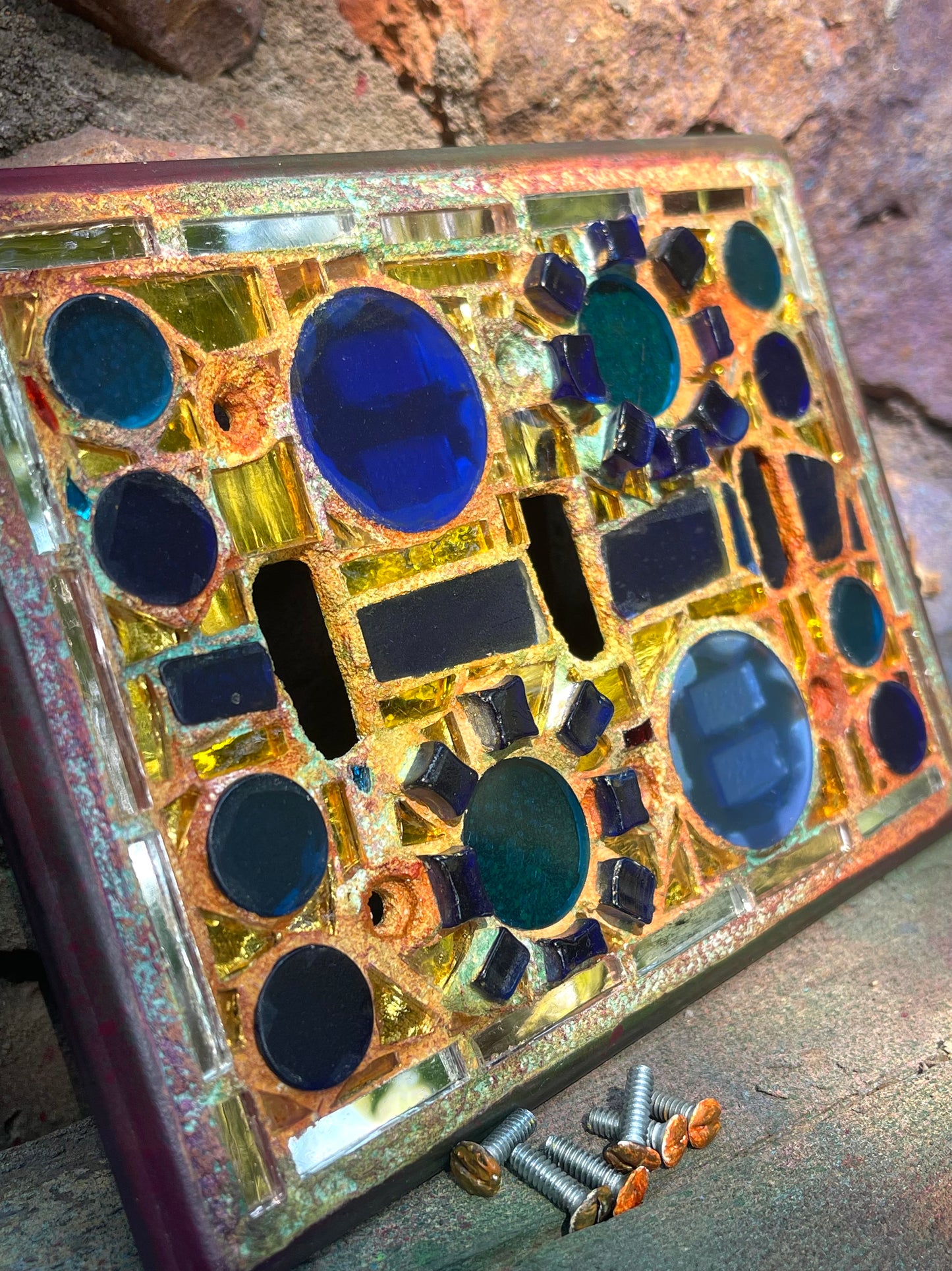 Gold mirror blue glass triple toggle mosaic light switch cover