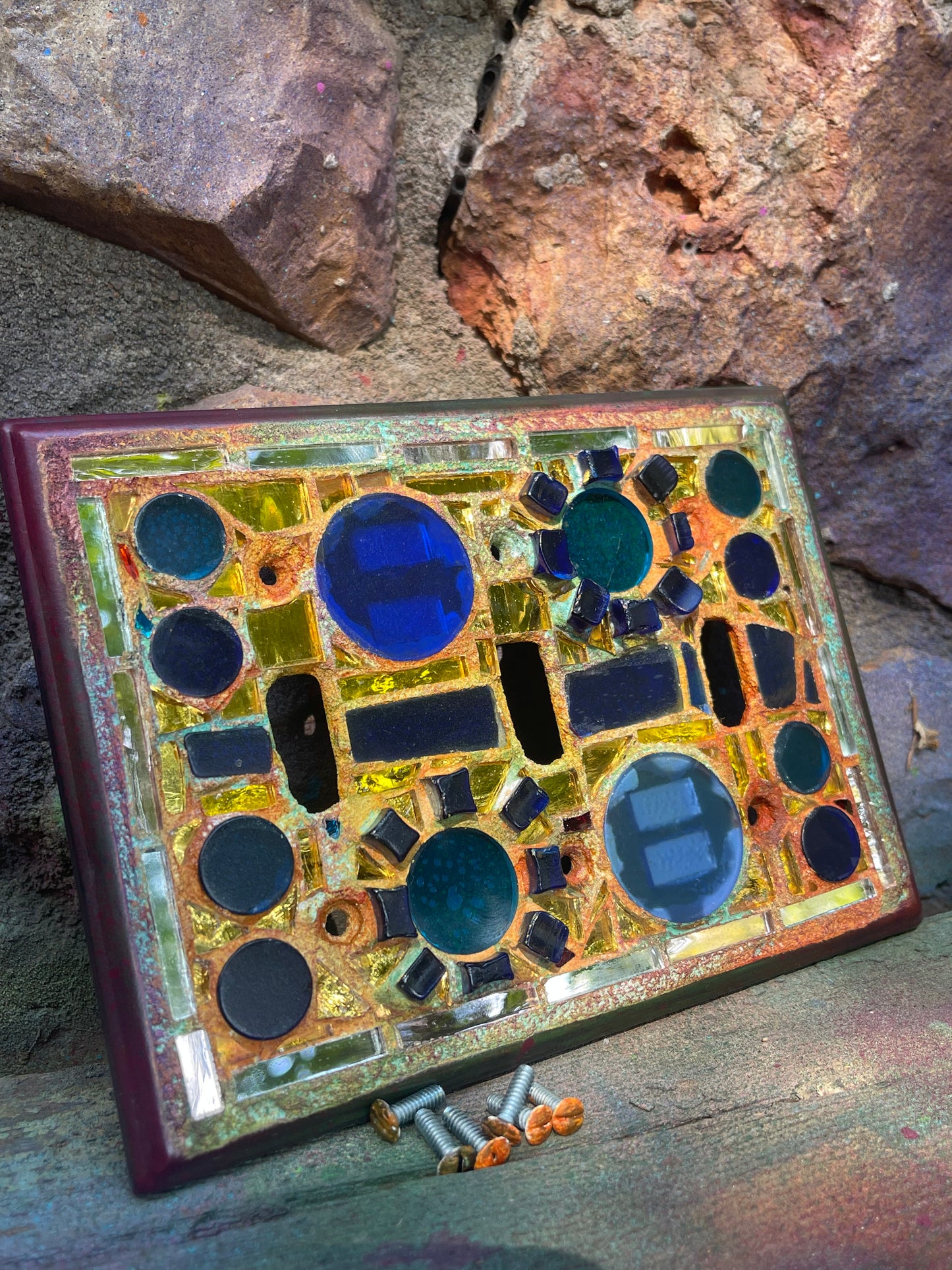 Gold mirror blue glass triple toggle mosaic light switch cover