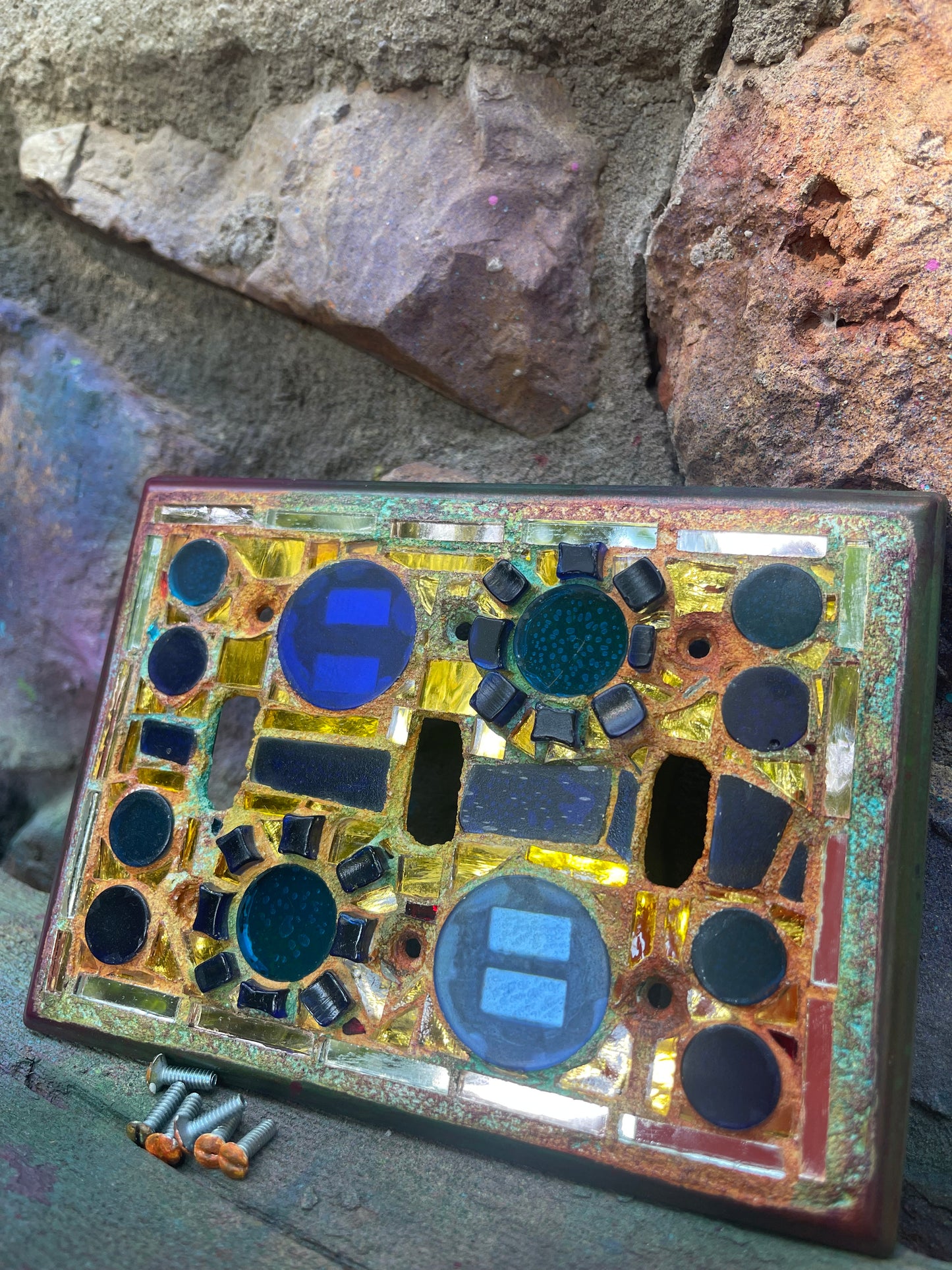 Gold mirror blue glass triple toggle mosaic light switch cover