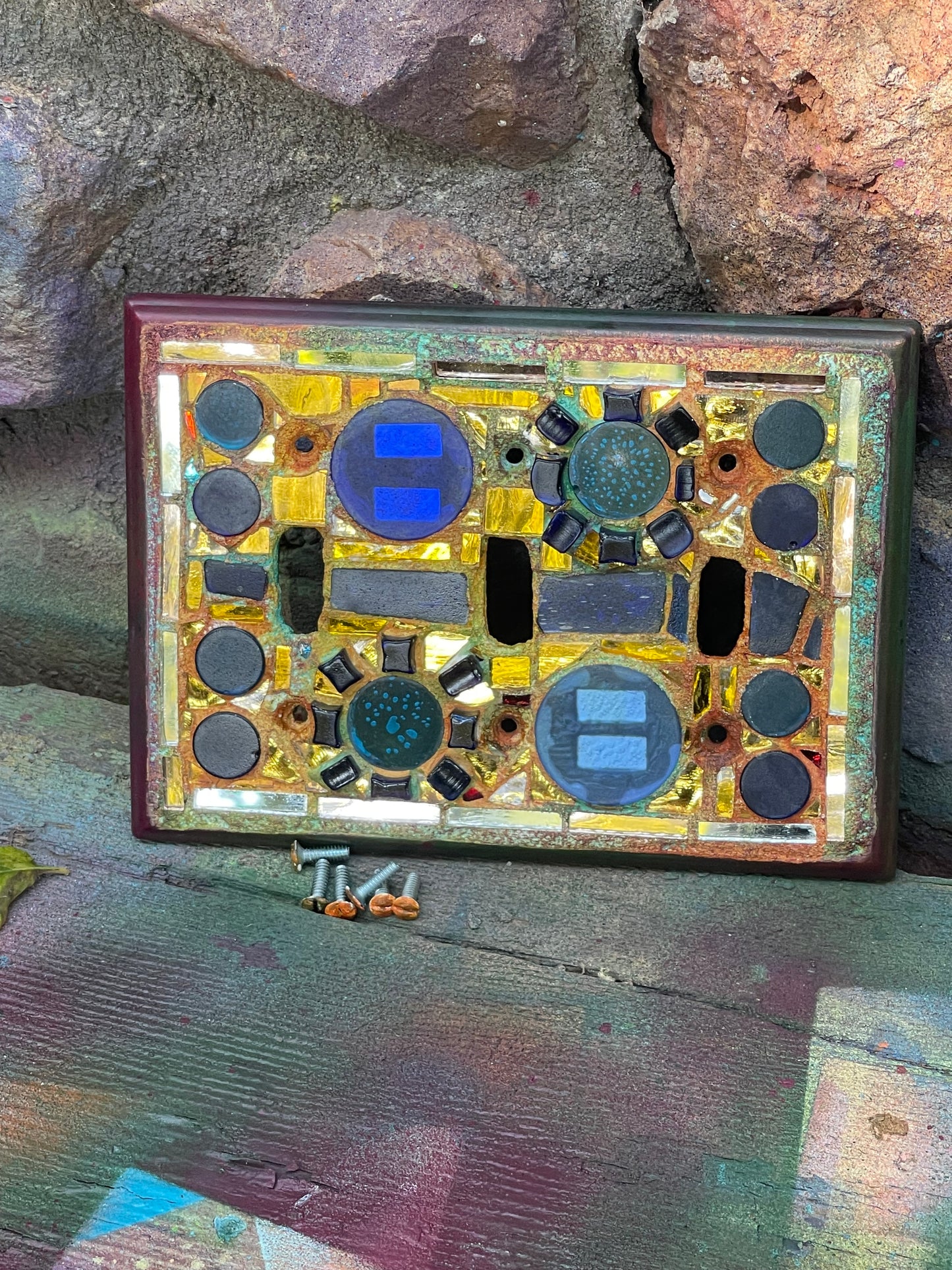 Gold mirror blue glass triple toggle mosaic light switch cover