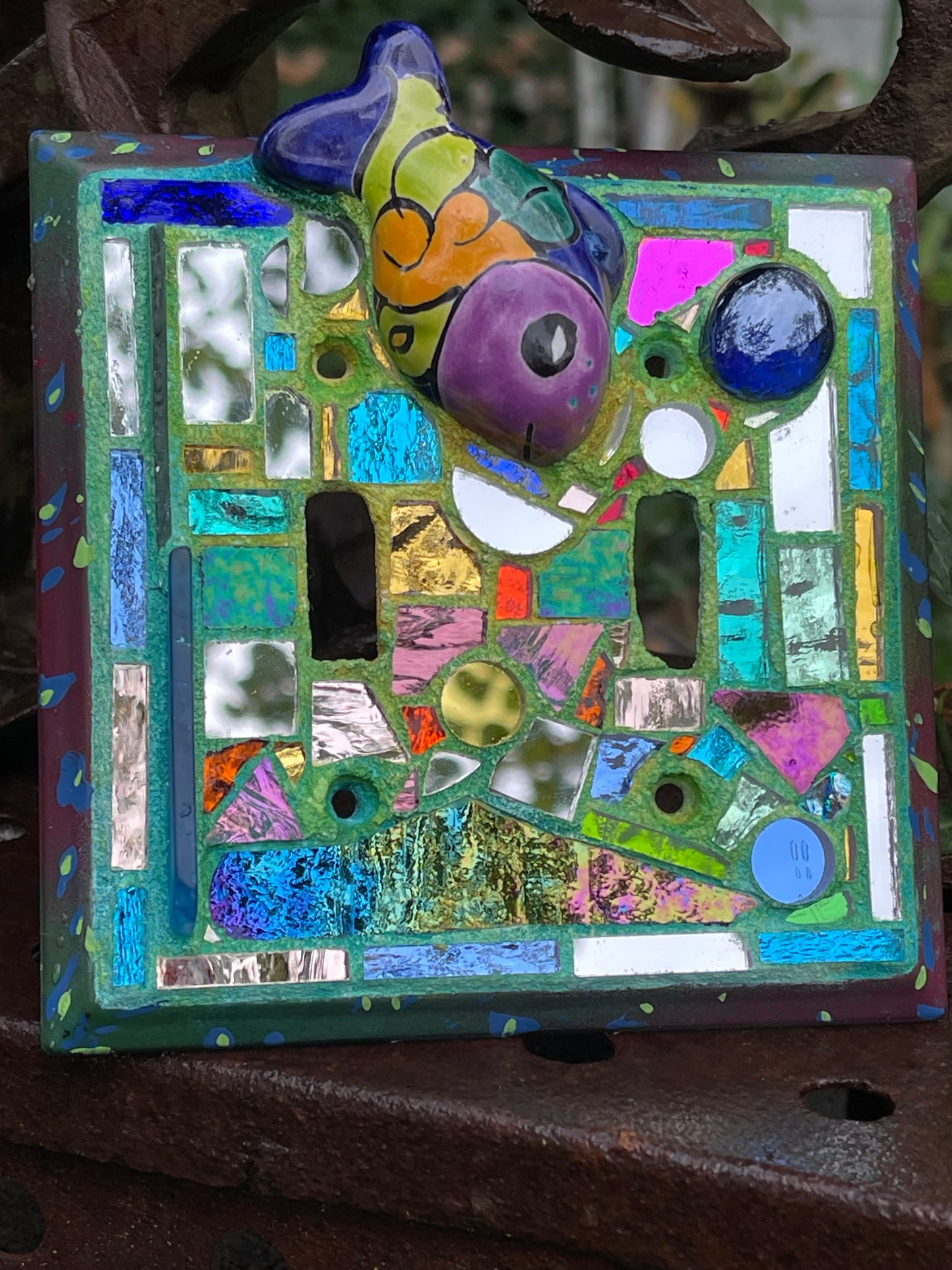 Purple, blue mirror mosaic double toggle light switch cover featuring Talavera fish