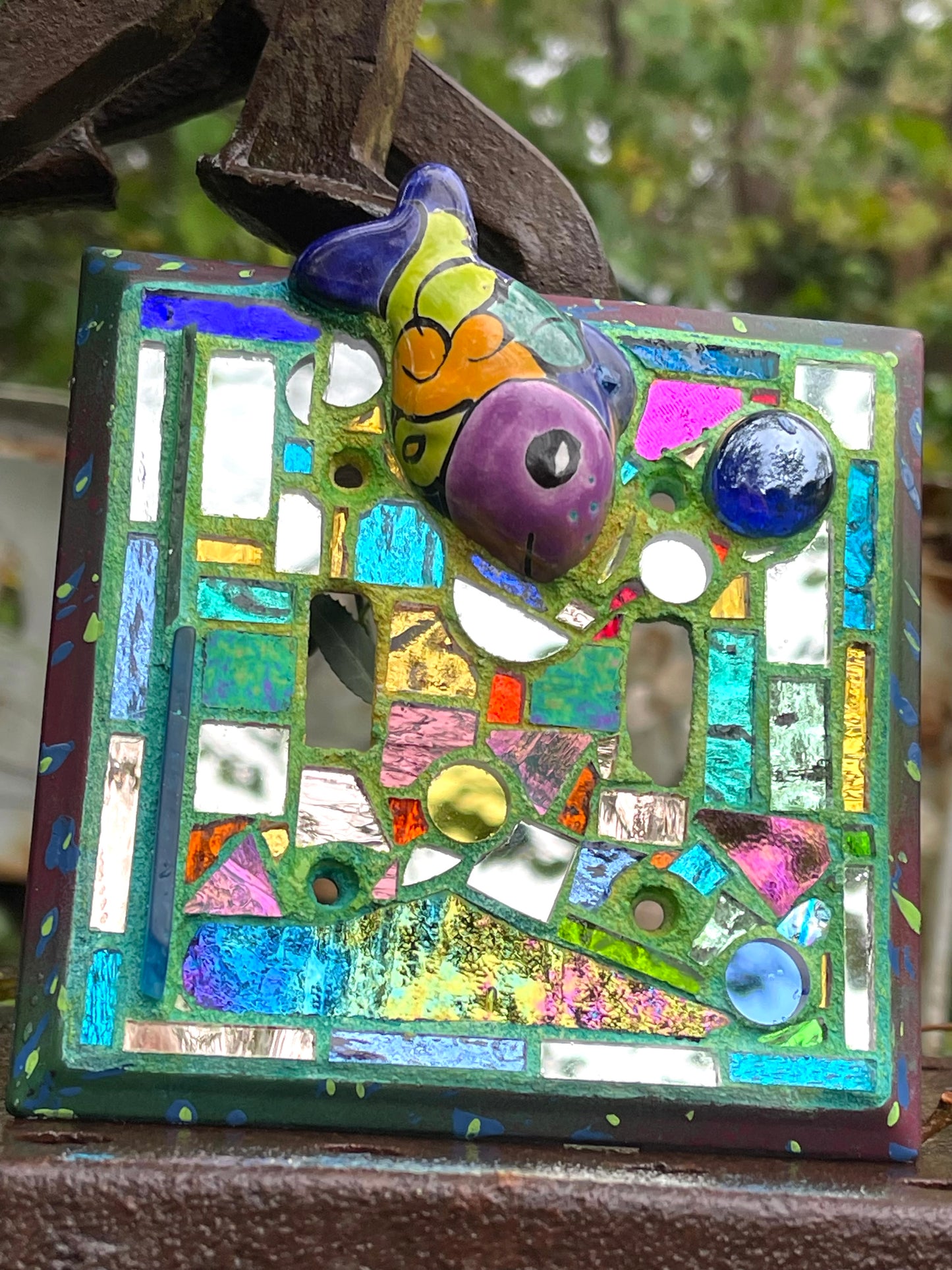 Purple, blue mirror mosaic double toggle light switch cover featuring Talavera fish