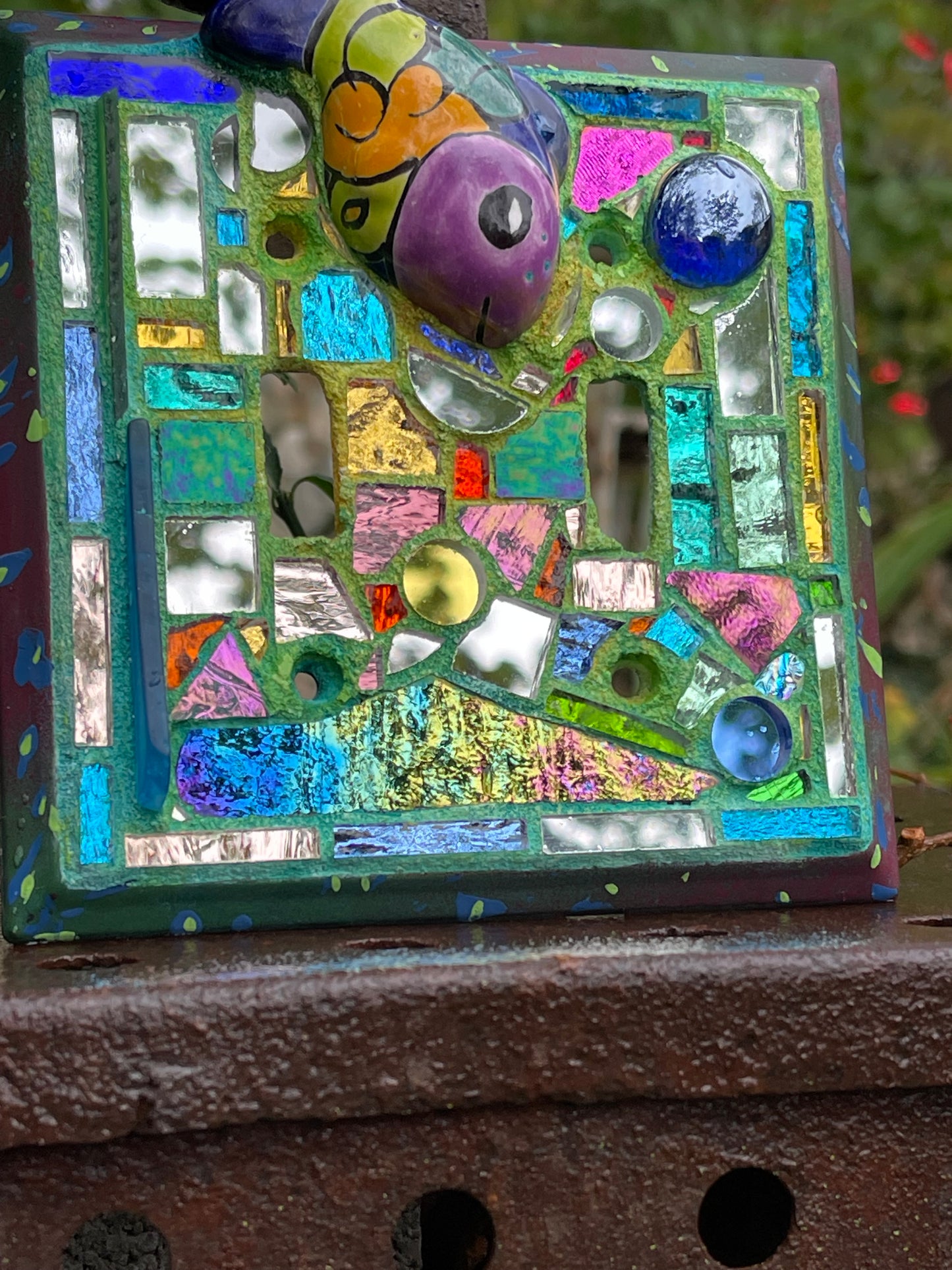Purple, blue mirror mosaic double toggle light switch cover featuring Talavera fish