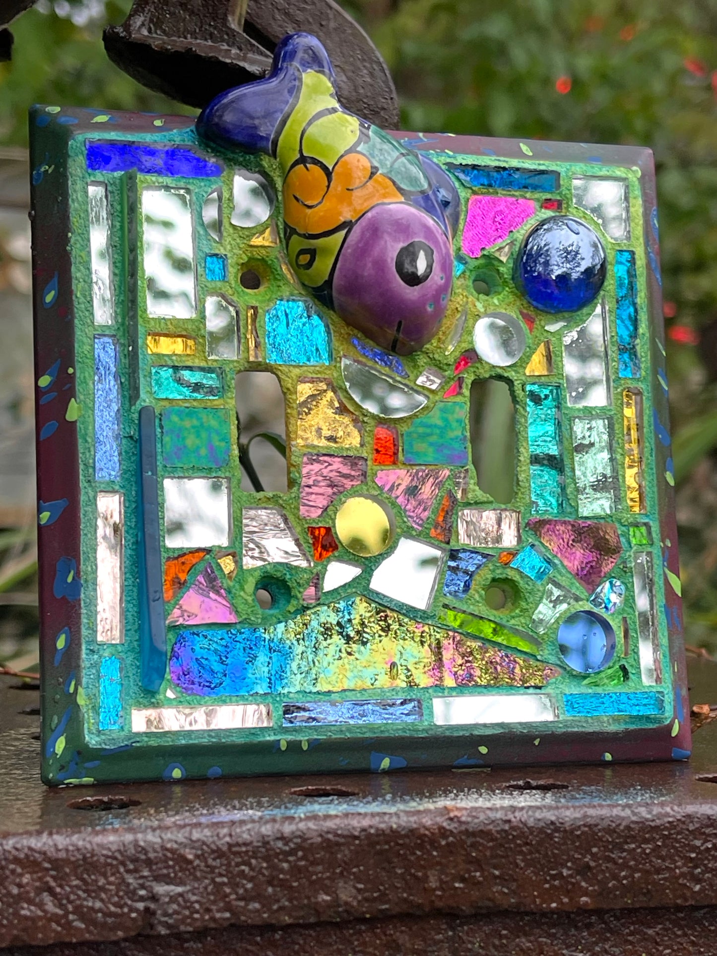Purple, blue mirror mosaic double toggle light switch cover featuring Talavera fish