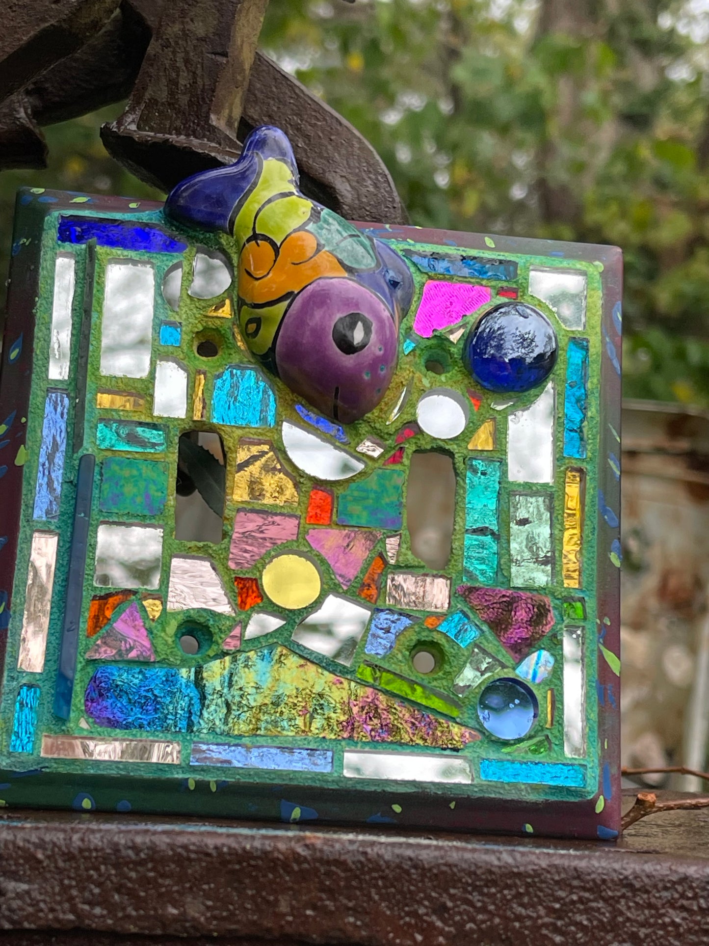Purple, blue mirror mosaic double toggle light switch cover featuring Talavera fish
