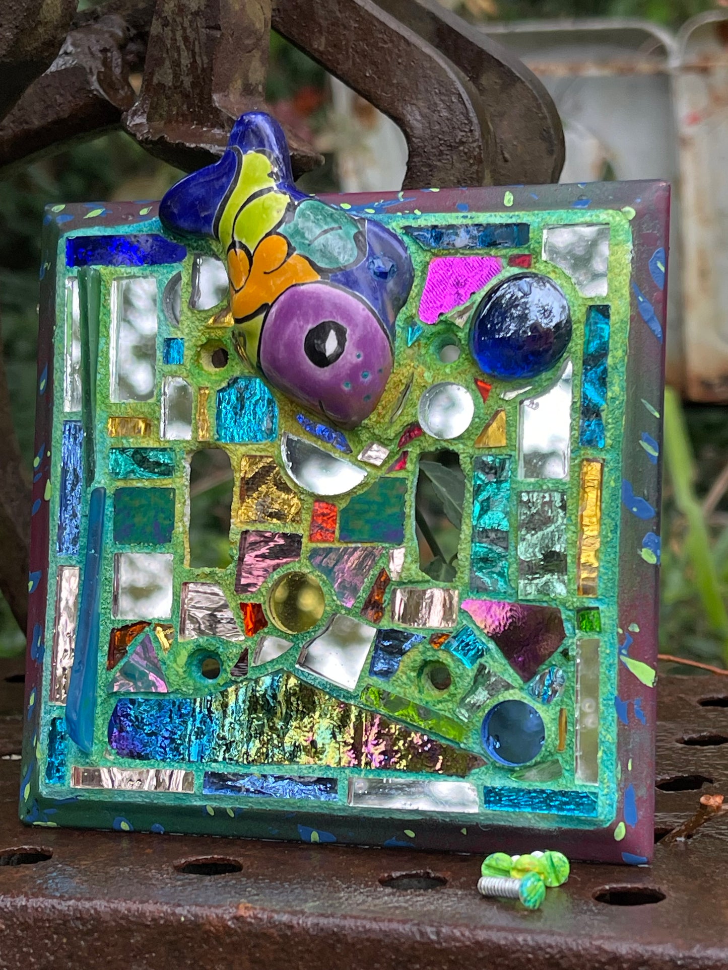 Purple, blue mirror mosaic double toggle light switch cover featuring Talavera fish