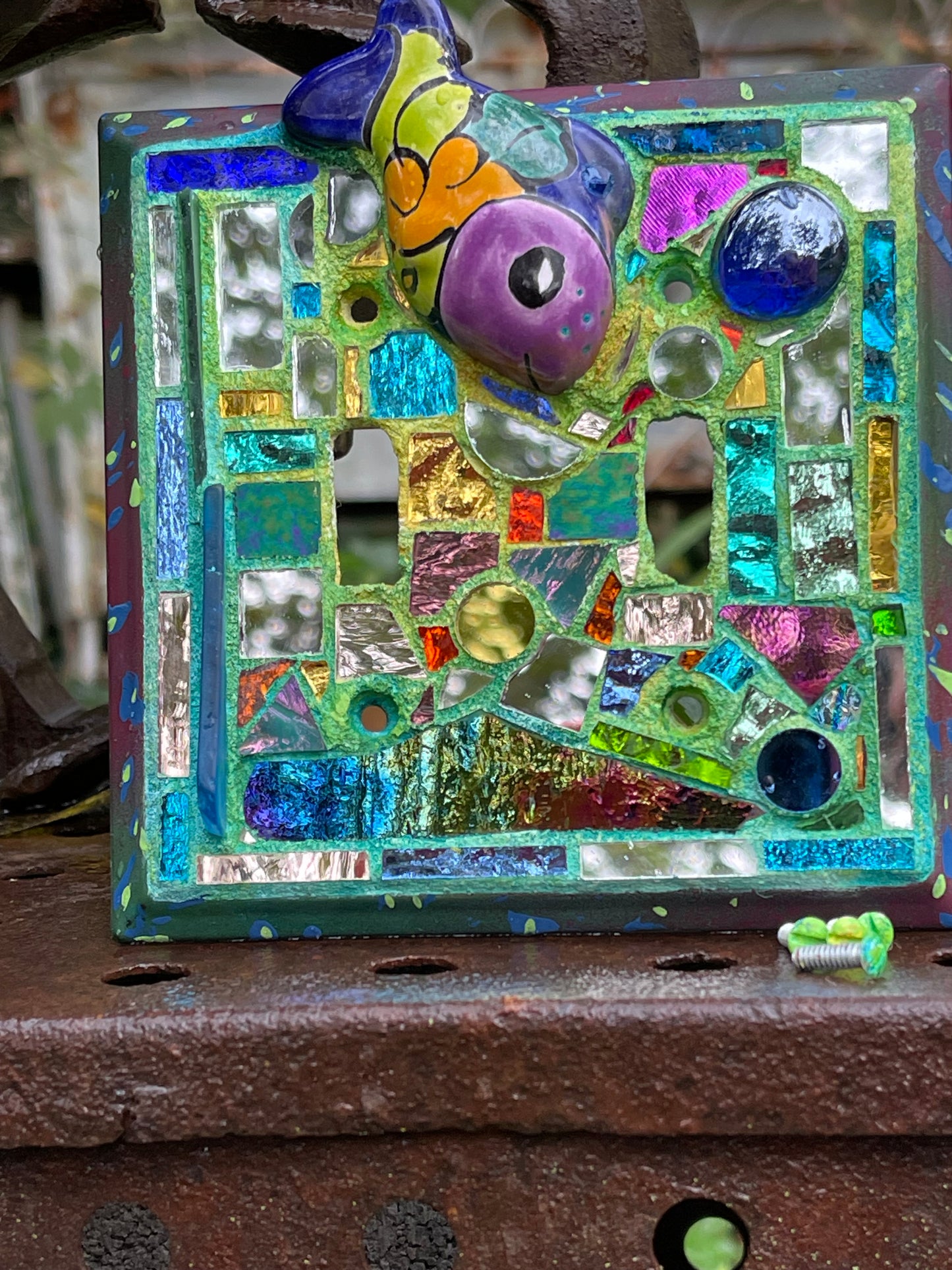 Purple, blue mirror mosaic double toggle light switch cover featuring Talavera fish