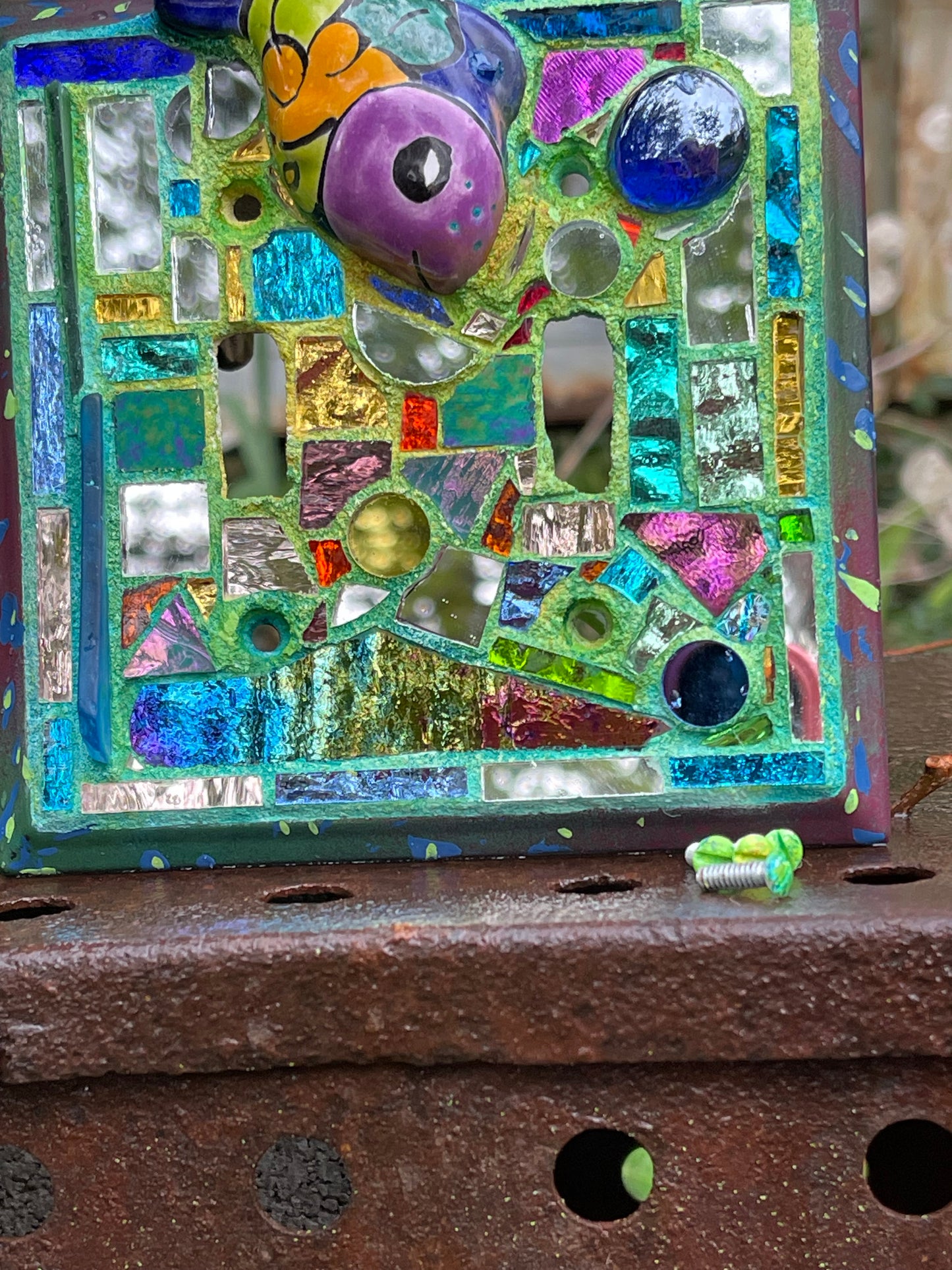 Purple, blue mirror mosaic double toggle light switch cover featuring Talavera fish