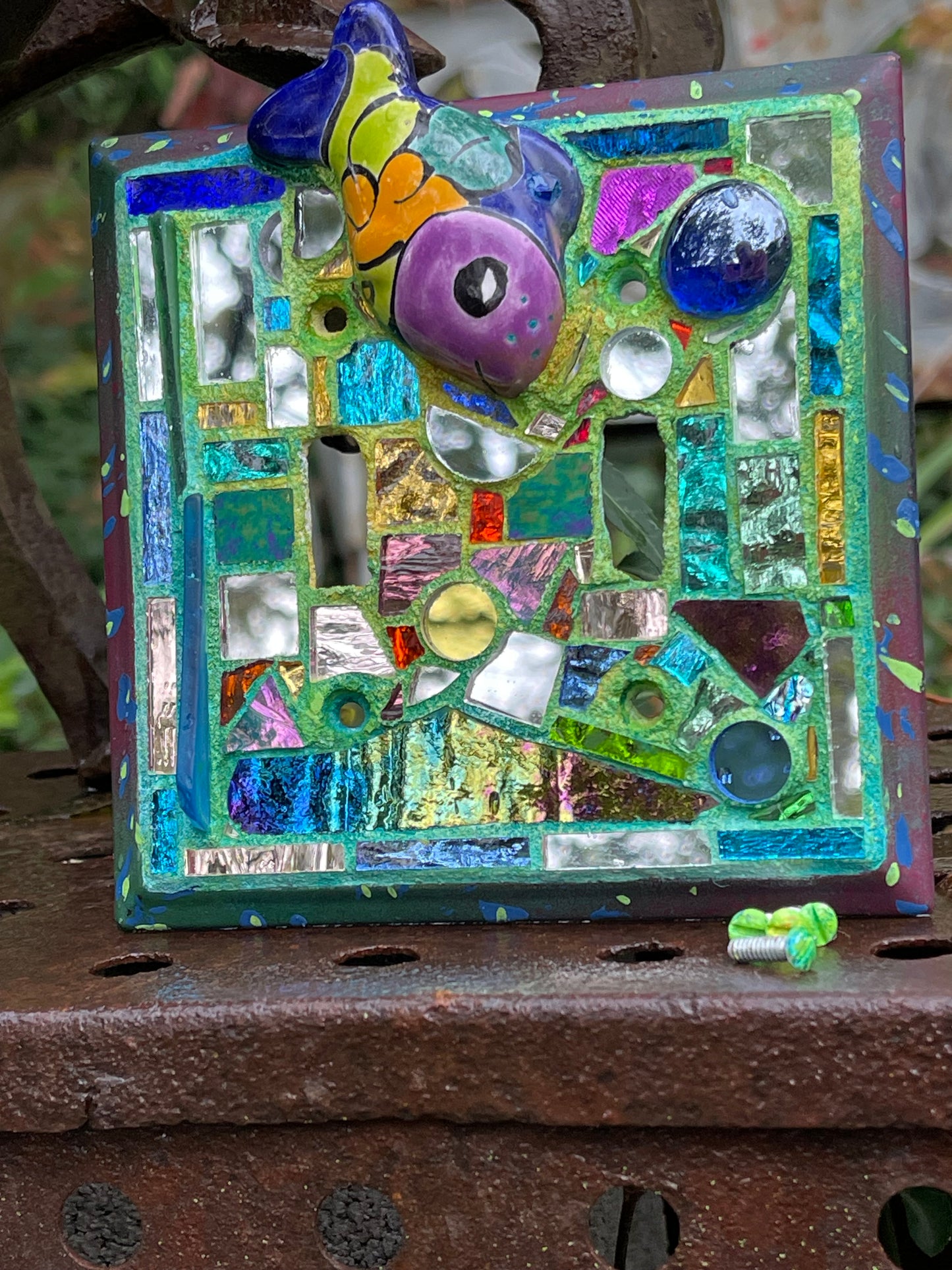 Purple, blue mirror mosaic double toggle light switch cover featuring Talavera fish