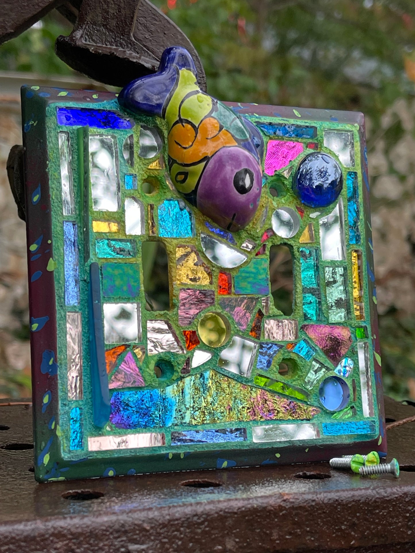 Purple, blue mirror mosaic double toggle light switch cover featuring Talavera fish