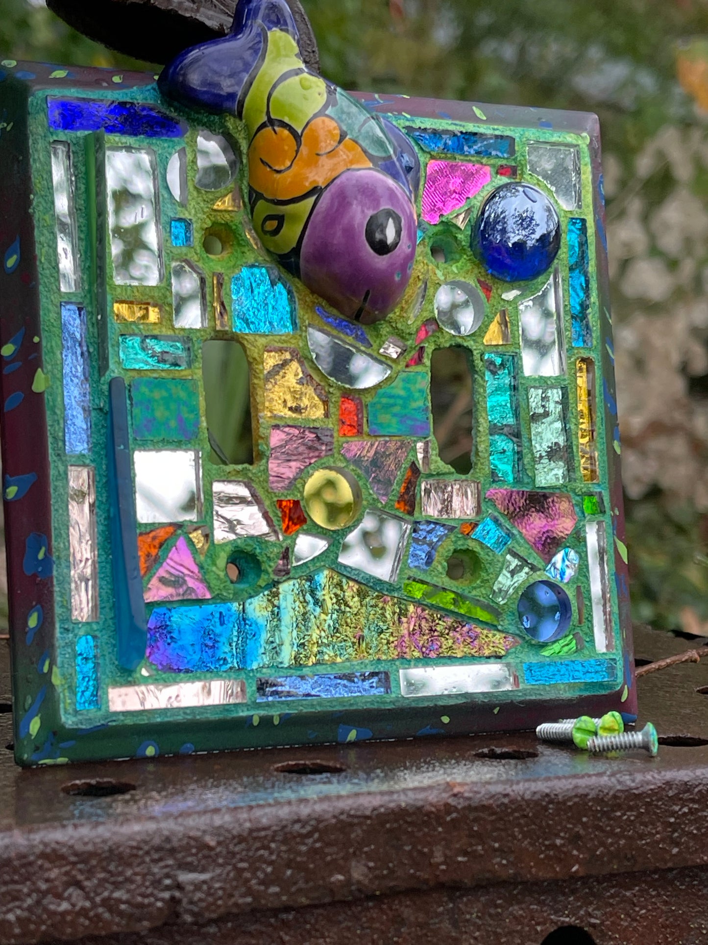 Purple, blue mirror mosaic double toggle light switch cover featuring Talavera fish
