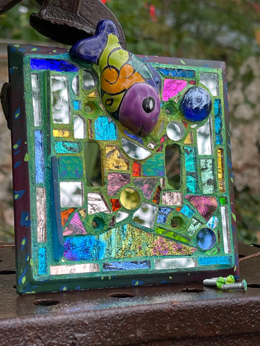 Purple, blue mirror mosaic double toggle light switch cover featuring Talavera fish